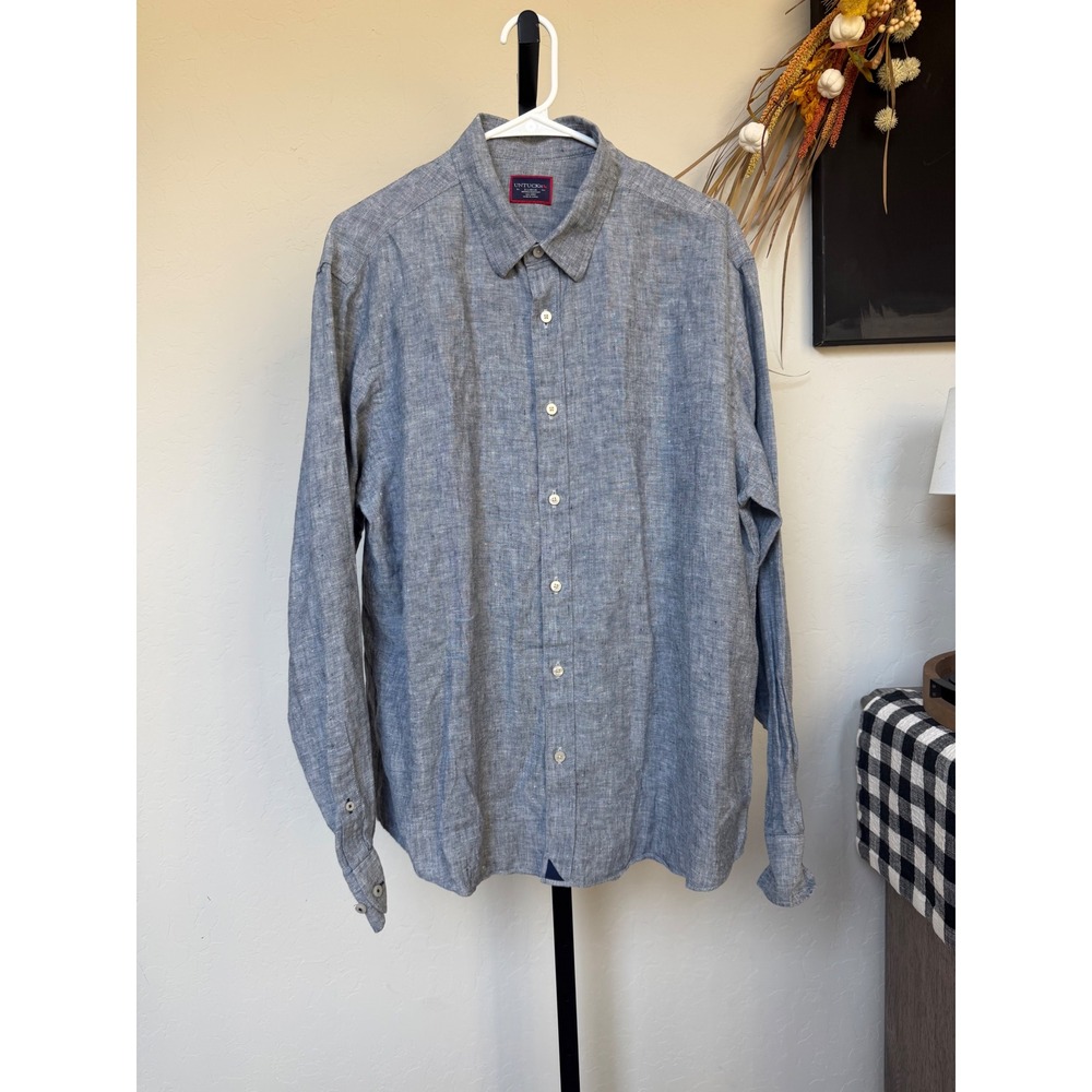 UNTUCKit Mens XL Blue Wrinkle Resistant 100% Linen Long Sleeve Button Down Shirt